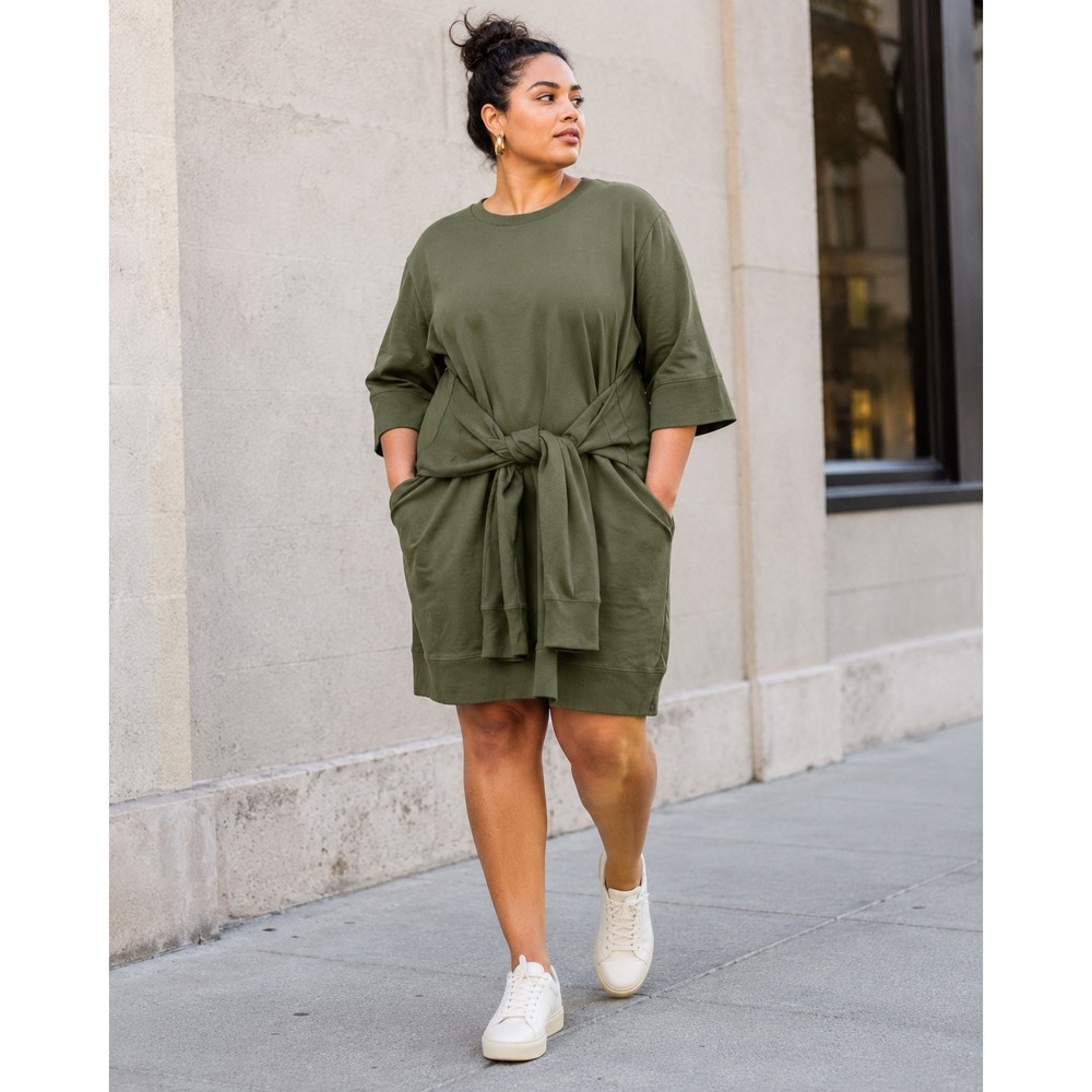 Universal Standard Misa Tie Sweatshirt Dress Olive Green Pockets M 18-20